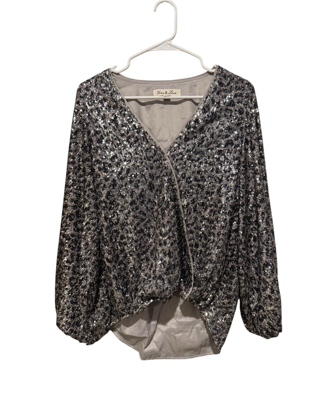 Vine & Love Silver Sequin Leopard-Print V-Neck Blouse